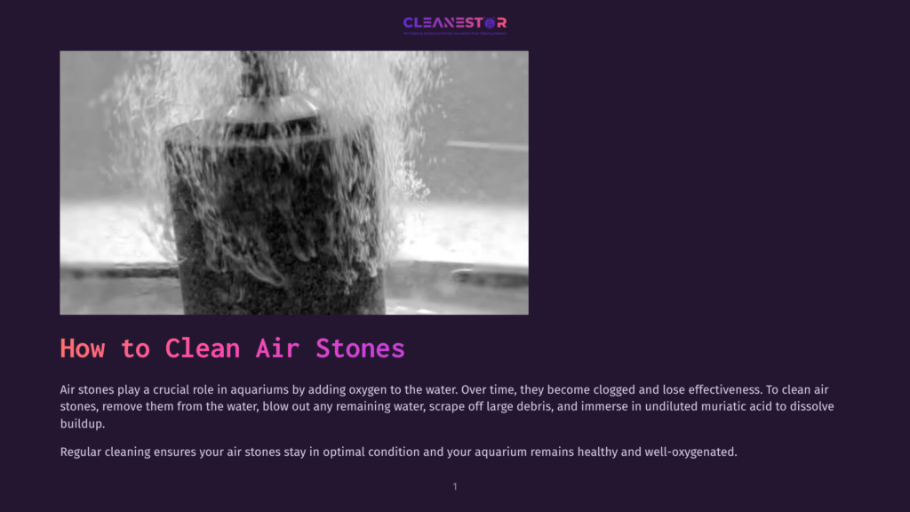 Close-Up Of An Aquarium Air Stone Releasing A Dense Cloud Of Tiny Bubbles Into The Water, With The Cleanestor Logo Visible At The Top.