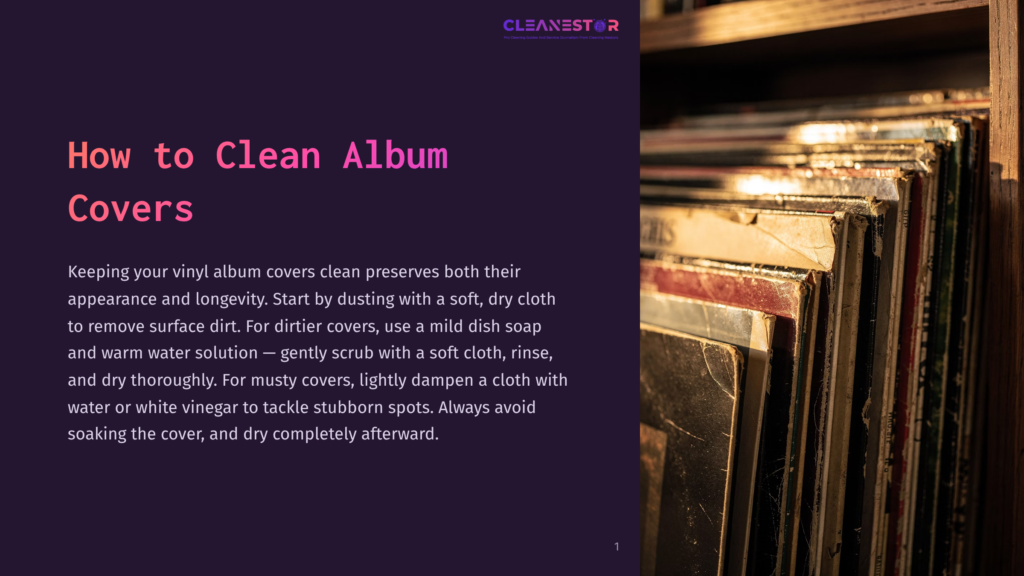Close-Up Of A Shelf Filled With Vintage Vinyl Records, Their Album Covers Showing Signs Of Age. Sunlight Streams From The Right, Highlighting The Textures And Worn Edges Of The Record Sleeves, With The Text &Quot;Cleanestor&Quot; Visible At The Top.