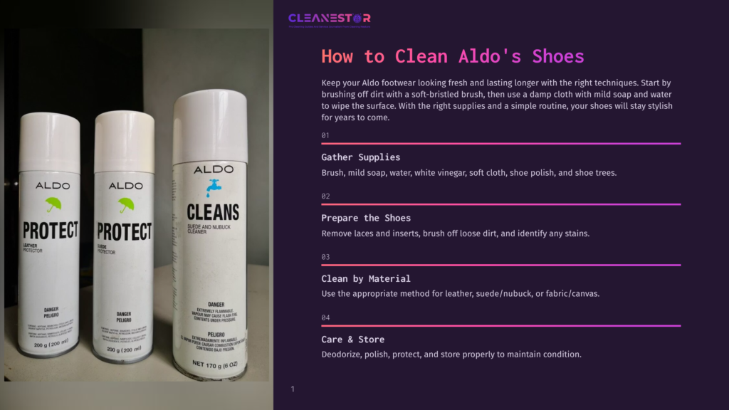 Two Aldo Shoe Protector Spray Cans And One Aldo Shoe Cleaner Spray Can Sit Side-By-Side On A White Surface, With Instructions For Cleaning Aldo Shoes Displayed On A Purple Background To The Right.