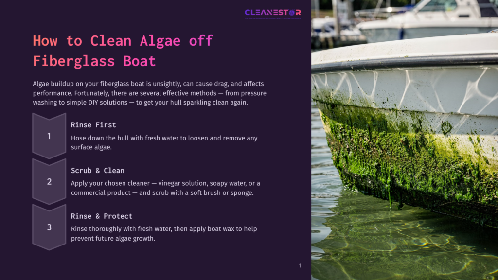 Close-Up Of A White Fiberglass Boat Hull With Thick Green Algae Growth Clinging To The Waterline. The Algae Is Vibrant And Textured, Contrasting With The Clean White Of The Boat And The Rippling Water Below.