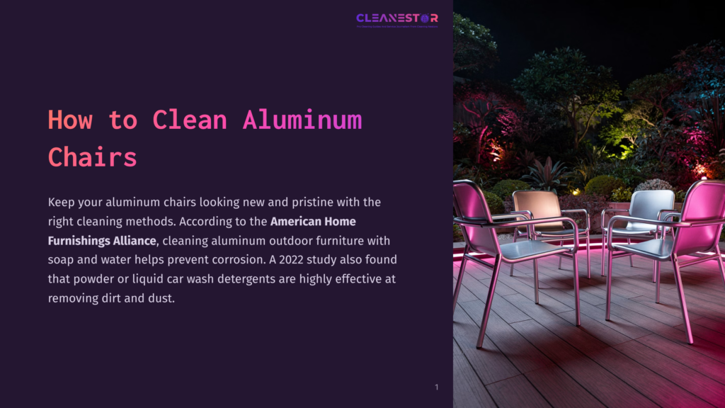 Four Modern Aluminum Chairs With Colorful Lighting On A Patio. Text Overlay: &Quot;Cleanestor How To Clean Aluminum Chairs&Quot;.