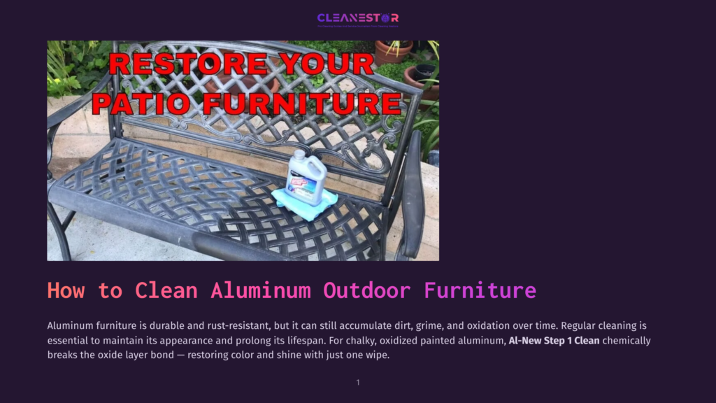 A Dark Metal Outdoor Patio Bench With A Cleaning Bottle And Blue Cloth On It. Text Overlay Reads: &Quot;Restore Your Patio Furniture&Quot; And &Quot;How To Clean Aluminum Outdoor Furniture&Quot;.