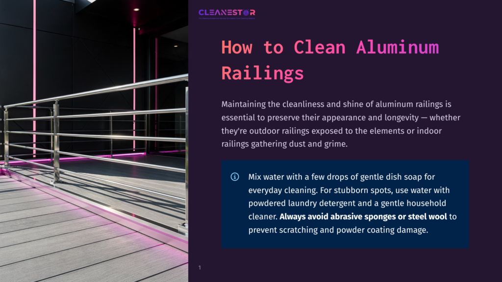 1 How To Clean Aluminum Railings Modern Aluminum Railings With Pink Accent Lighting On A Balcony, With Text &Quot;How To Clean Aluminum Railings&Quot; And Cleaning Tips.