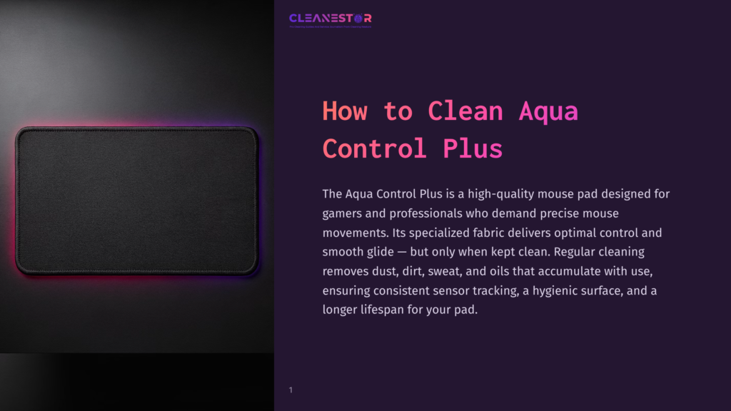 A Black Aqua Control Plus Mousepad With A Textured Surface And Stitched Edges, Illuminated By Purple And Pink Led Lighting Along Its Perimeter.