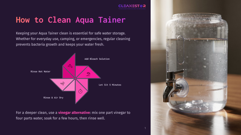 Diagram Showing How To Clean An Aqua Tainer Water Jug, With Instructions For Rinsing, Adding Bleach Solution, And Letting It Sit. Text Also Suggests A Vinegar Alternative For Deeper Cleaning.