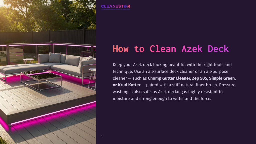 A Modern Azek Deck With Pink Led Lighting, Featuring A Grey Sectional Sofa And A Glass-Top Coffee Table, Set Against A Lush Green Backyard And Fence. Text Reads &Quot;How To Clean Azek Deck&Quot;.