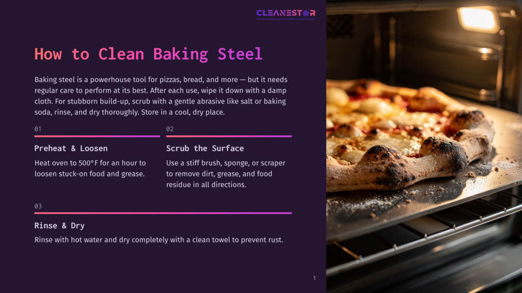 A Freshly Baked Pizza With A Golden Crust Sits On A Hot Baking Steel Inside A Dark Oven, Ready To Be Removed. The Text &Quot;Cleanestor&Quot; Is Visible In The Top Right Corner.