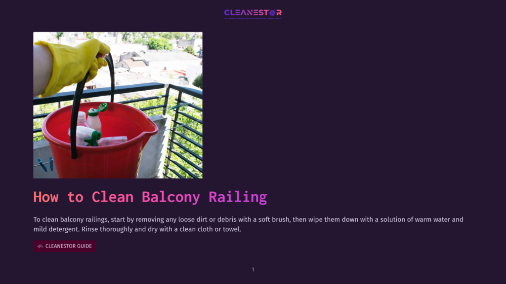 A Gloved Hand Holds A Red Bucket Filled With Cleaning Supplies, Including Bottles And A Soft Brush, Ready To Clean Balcony Railings. The Text &Quot;Cleanestor&Quot; Is Visible.