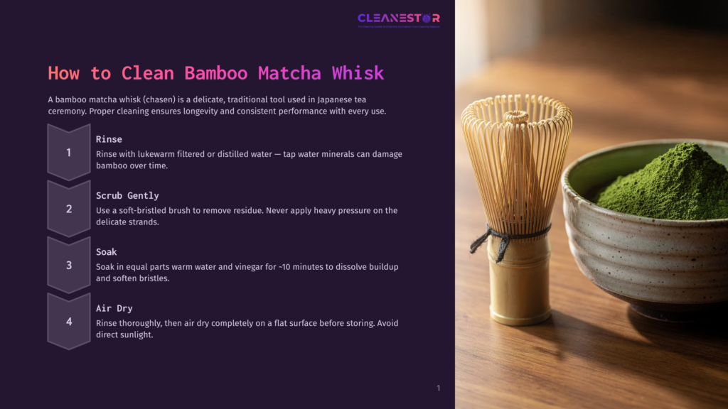 A Wooden Bamboo Matcha Whisk (Chasen) Sits Beside A Bowl Of Green Matcha Powder On A Wooden Table. The Whisk Has A Smooth Brown Handle With Intricate Woven Bristles At The End, And The Bowl Is Round, White, And Slightly Elevated By A Stand.