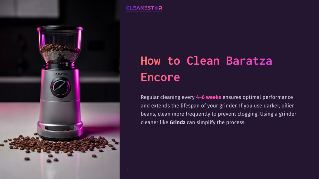 A Close-Up Of A Baratza Encore Coffee Grinder Filled With Coffee Beans, With Scattered Beans Around It On A White Surface, In Front Of A Dark Purple Background.