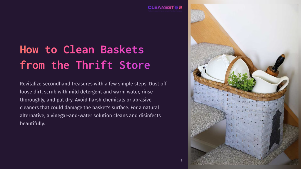 A Basket Filled With White Ceramic Dishes And A Plant Sits On A Wooden Staircase, Showcasing A Cleaned Thrift Store Basket With A Vinegar-And-Water Cleaning Solution.