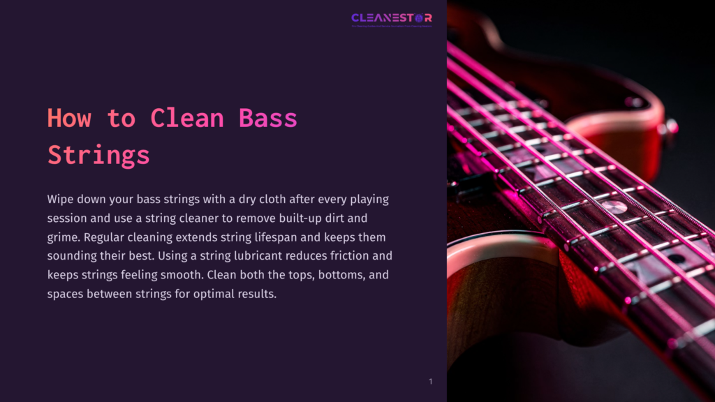 Close-Up Of A Dark Wooden Bass Guitar With Bright Pink Neon Lights Reflecting On Its Strings And Fretboard. Text Overlay Reads &Quot;How To Clean Bass Strings.