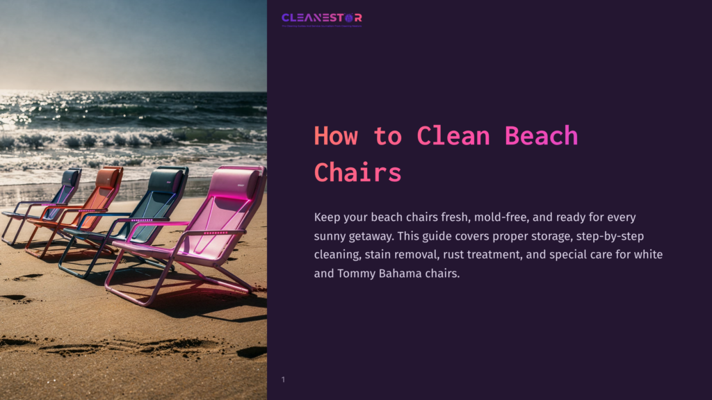 Four Colorful Beach Chairs In Purple, Orange, Blue, And Pink Sit On A Sandy Beach Facing The Ocean. The Text &Quot;Cleanestor How To Clean Beach Chairs&Quot; Is Visible.