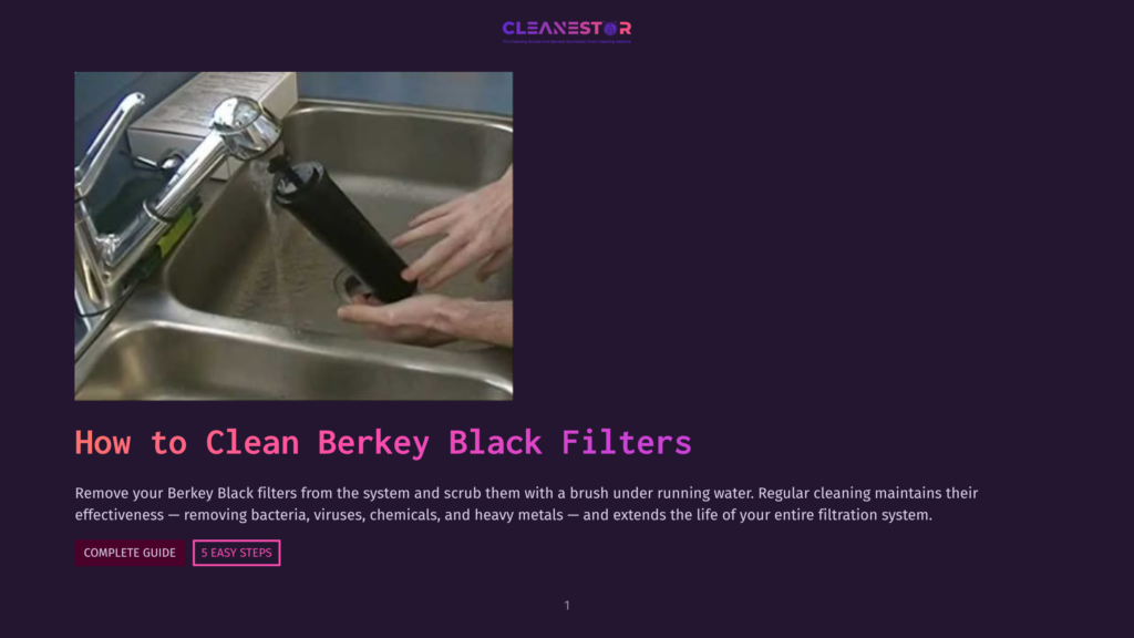 Hands Cleaning A Black Berkey Filter Under Running Water In A Stainless Steel Sink, With Water Splashing Around The Filter And Faucet.
