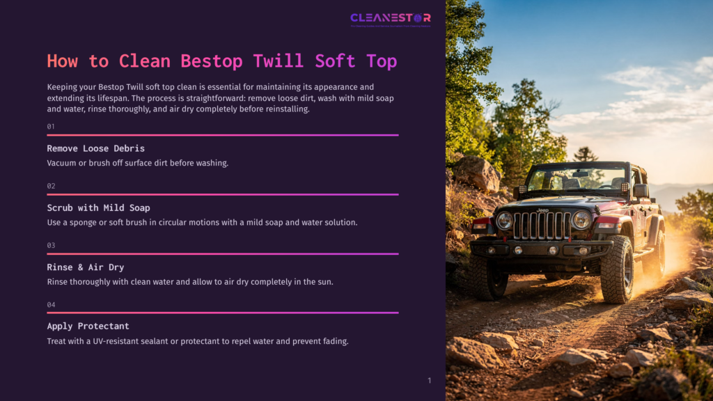Red Jeep Wrangler With A Bestop Twill Soft Top Driving On A Dusty, Rocky Trail Uphill, With Trees And Foliage In The Background.