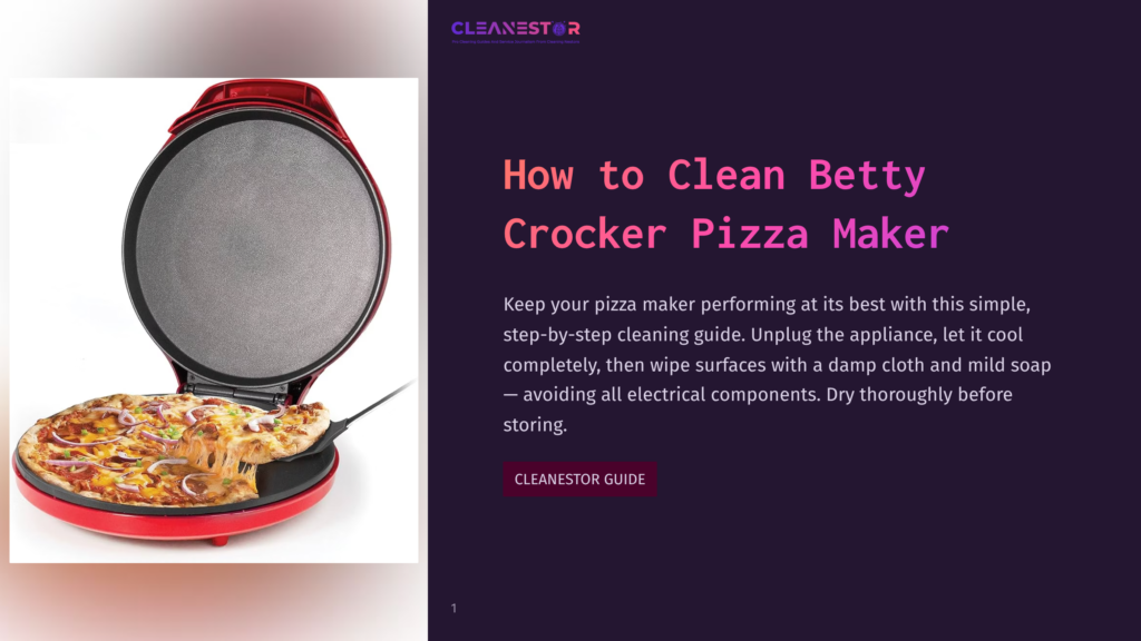 1 How To Clean Betty Crocker Pizza Maker A Red Betty Crocker Pizza Maker Is Open, Showing A Freshly Baked Pizza With Melted Cheese, Red Onions, And Pepperoni. A Spatula Is Lifting A Slice, Demonstrating How To Clean The Pizza Maker.