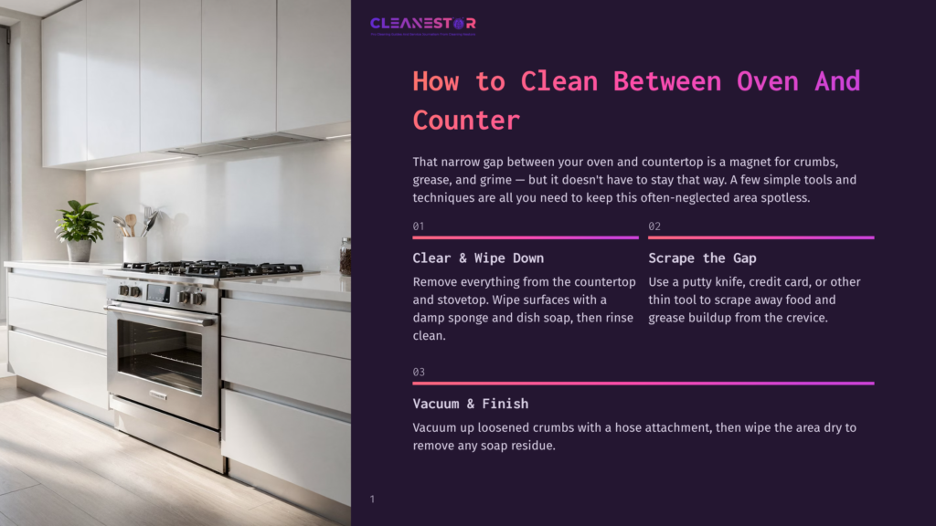 A Modern Kitchen Features A Stainless Steel Oven And Stovetop. The Image Displays Text From A &Quot;Cleanestor&Quot; Guide On How To Clean Between The Oven And Countertop, With Steps Like &Quot;Clear &Amp; Wipe Down&Quot; And &Quot;Scrape The Gap.