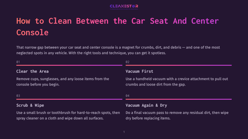 1 How To Clean Between The Car Seat And Center Console Infographic Titled &Quot;How To Clean Between The Car Seat And Center Console&Quot; With Numbered Steps: 1. Clear The Area, 2. Vacuum First, 3. Scrub &Amp; Wipe, 4. Vacuum Again &Amp; Dry.