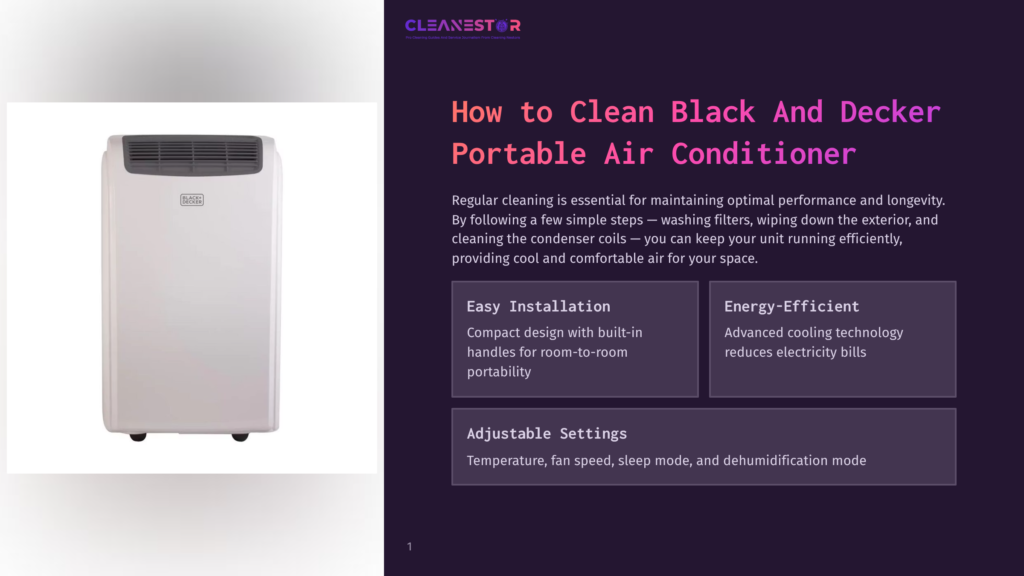1 How To Clean Black And Decker Portable Air Conditioner White Black + Decker Portable Air Conditioner With A Large Vent On Top And The Brand Logo On The Front. The Unit Is Shown In A Studio Setting With Text Overlay Describing Its Features And Cleaning Instructions.