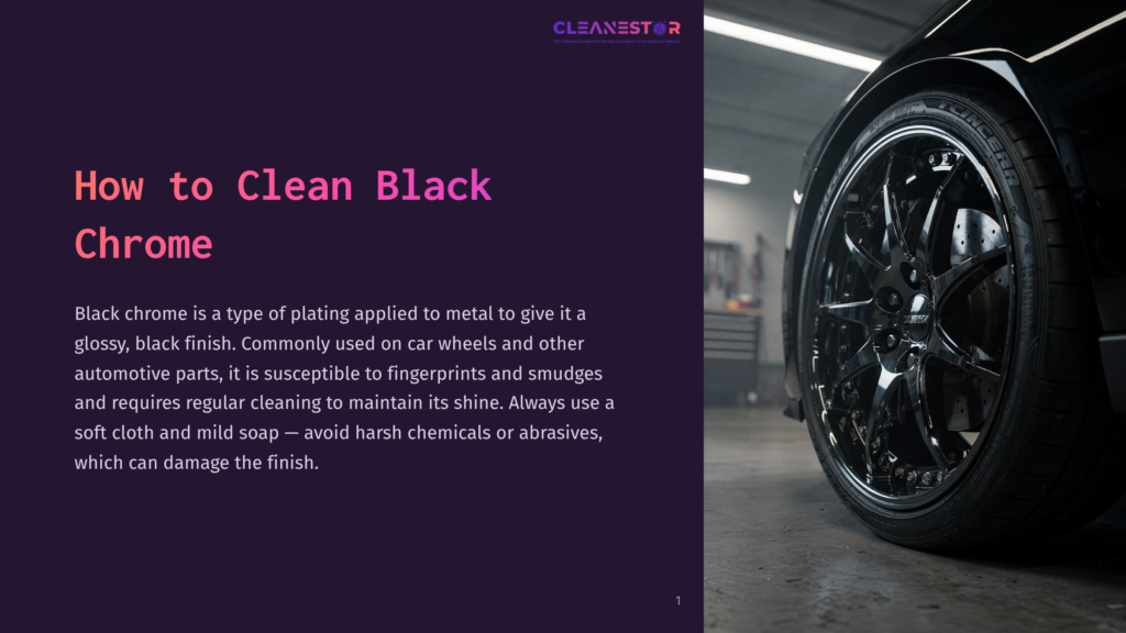 Close-Up Of A Shiny Black Chrome Wheel On A Black Car, Showcasing Its Glossy Finish And Intricate Design. The Text &Quot;How To Clean Black Chrome&Quot; Is Visible On The Left.