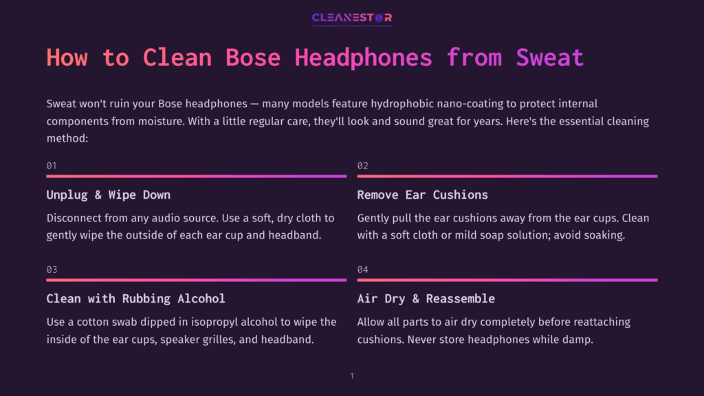 Infographic With Steps To Clean Bose Headphones: Unplug &Amp; Wipe Down, Remove Ear Cushions, Clean With Rubbing Alcohol, Air Dry &Amp; Reassemble. Text Includes &Quot;Cleanestor&Quot;.