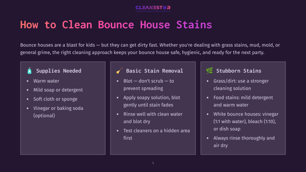 Infographic With Text Titled &Quot;How To Clean Bounce House Stains,&Quot; Detailing Supplies Needed, Basic Stain Removal, And Stubborn Stain Solutions For Cleaning Bounce Houses.