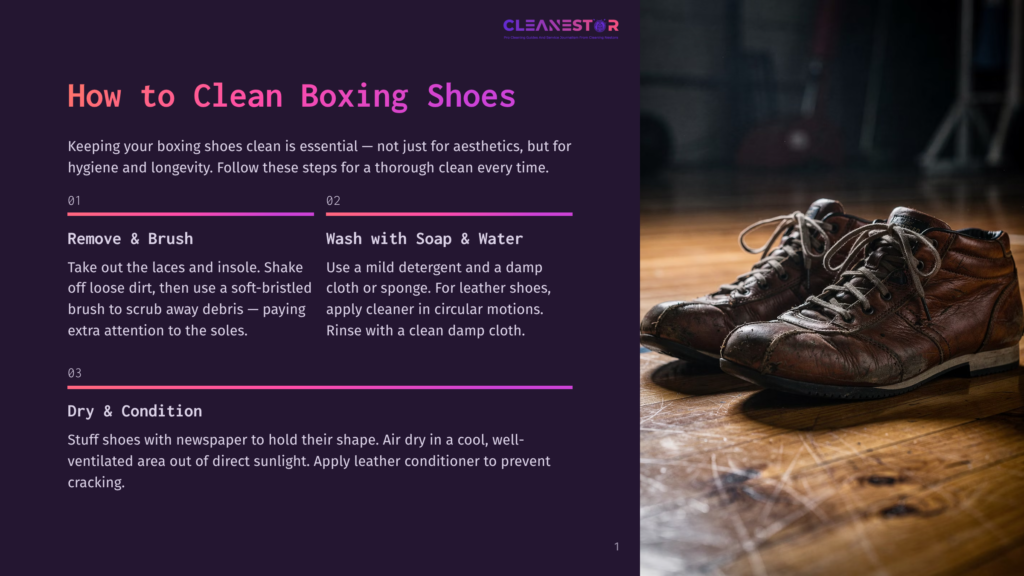 Close-Up Of A Pair Of Worn, Brown Leather Boxing Boots Resting On A Wooden Floor. The Shoes Show Signs Of Heavy Use, With Scuffs And Creasing, Suggesting They Are Well-Loved Boxing Shoes.