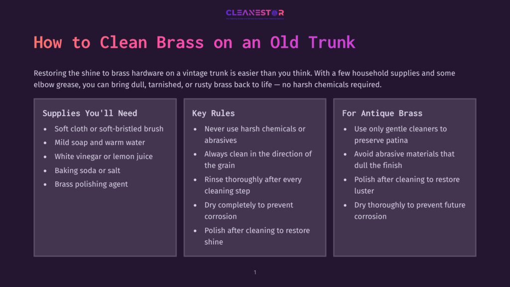 Infographic Titled &Quot;How To Clean Brass On An Old Trunk&Quot; With Three Columns: &Quot;Supplies You'Ll Need&Quot;, &Quot;Key Rules&Quot;, And &Quot;For Antique Brass.
