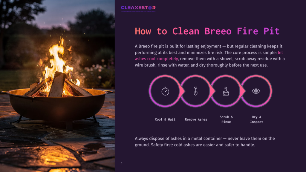 Cleanestor Logo Above A Fire Pit With A Crackling Fire, Logs, And Stones. The Image Is Part Of A Guide On How To Clean Breeo Fire Pits, With Instructions And Icons.