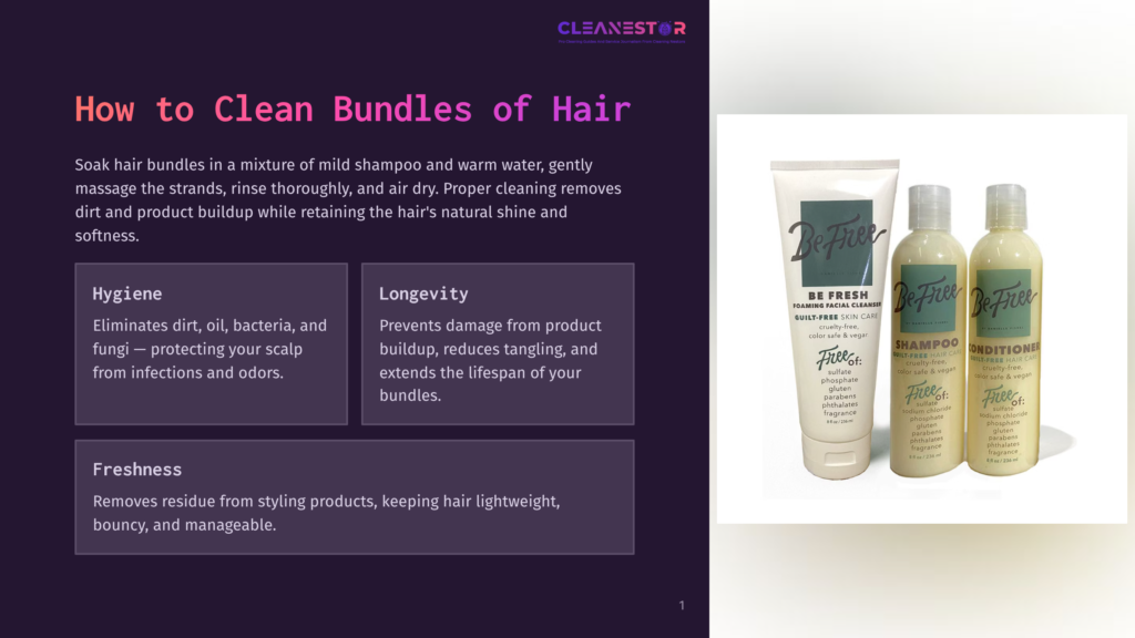 Be Free Shampoo And Conditioner Bottles On A Dark Purple Background With Text About Cleaning Hair Bundles.