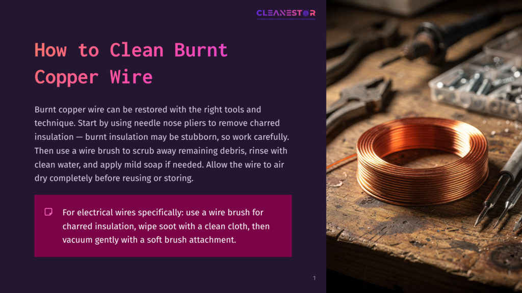 A Coil Of Clean, Shiny Copper Wire Sits On A Rustic Wooden Workbench Next To Pliers And Other Tools, Ready For Electrical Work. The Text &Quot;Cleanestor&Quot; Is Visible At The Top.