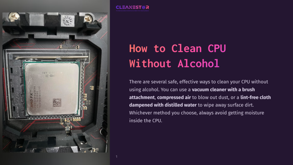 Close-Up Of A Computer Cpu Socket On A Motherboard, With The Amd Cpu Installed And The Text &Quot;How To Clean Cpu Without Alcohol&Quot; Visible On The Right.