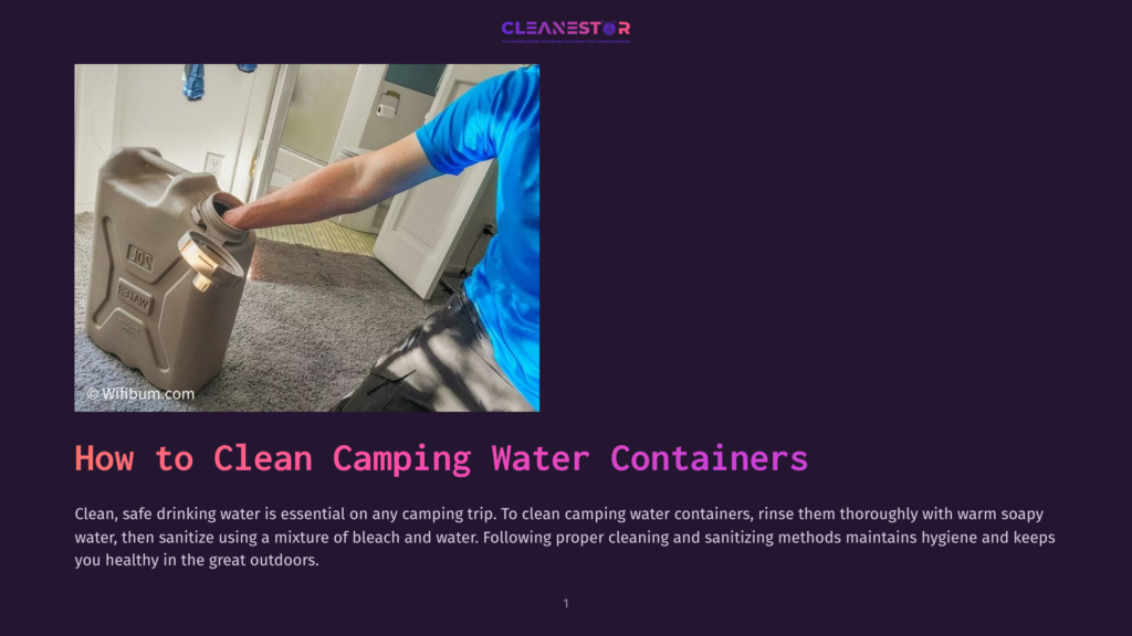 1 How To Clean Camping Water Containers A Person In A Blue Shirt Cleans A Large, Beige Camping Water Jug With A Cap Removed, Inside A Home With Carpeted Floors.