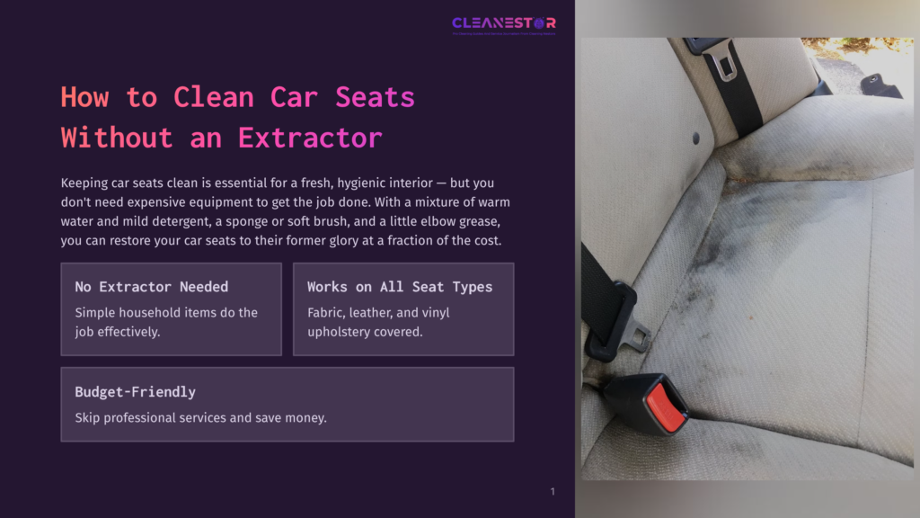 Close-Up Of A Dirty Car Seat With Stains And Grime, Highlighting The Need For Cleaning. The Seat Is A Light Beige Fabric With A Black Seatbelt Buckle.