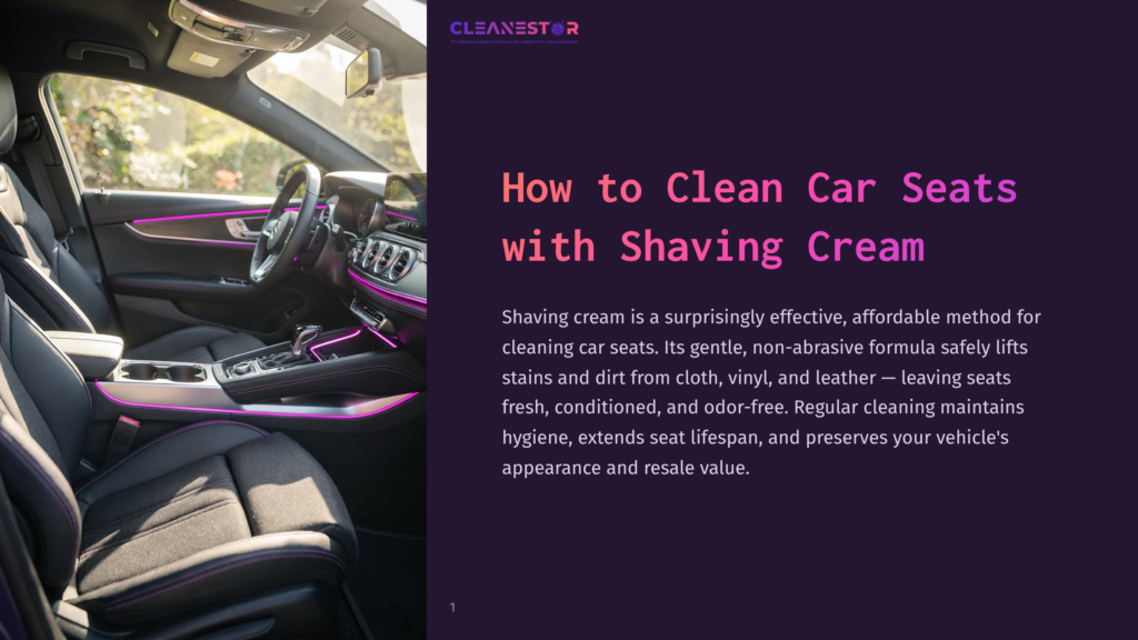 Interior Of A Luxury Car With Dark Leather Seats, Ambient Purple Lighting, And A Clean Dashboard. Text Overlay Reads &Quot;Cleanestor: Your Cleaning Solutions For A Spotless &Amp; Smelling Fresh Car&Quot;.