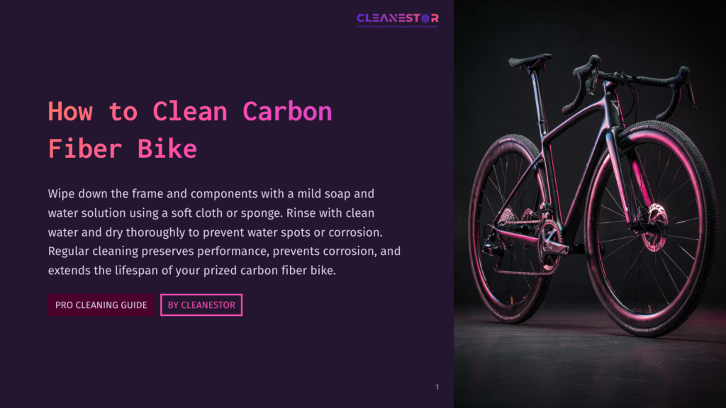 A Sleek, Dark Carbon Fiber Road Bike Is Showcased Against A Dark, Textured Background, With The Text &Quot;How To Clean Carbon Fiber Bike&Quot; And &Quot;Pro Cleaning Guide By Cleanestor&Quot; Visible On The Left.