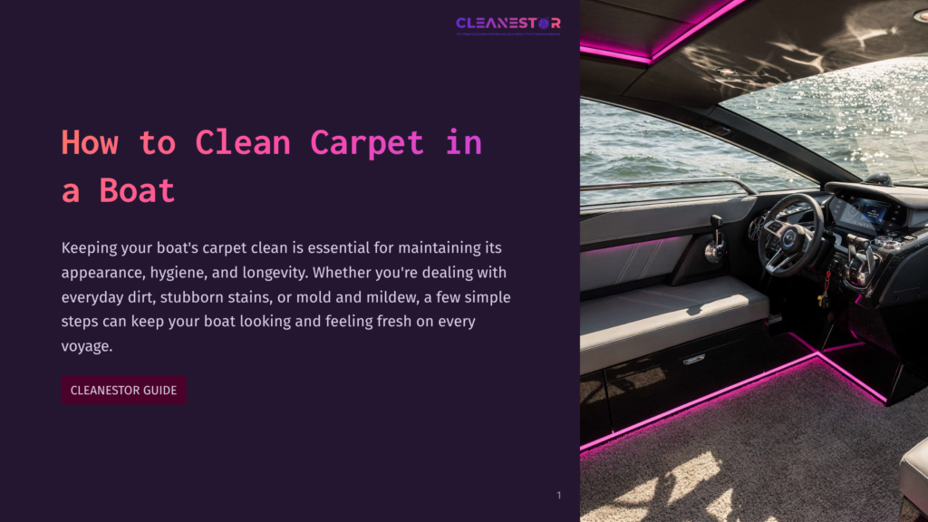Interior Of A Boat With A Purple And Pink Accent Lighting, Featuring A Beige Leather Seat, Black Steering Wheel, And A Dashboard With Buttons And Displays. The Title &Quot;How To Clean Carpet In A Boat&Quot; Is Displayed Prominently.