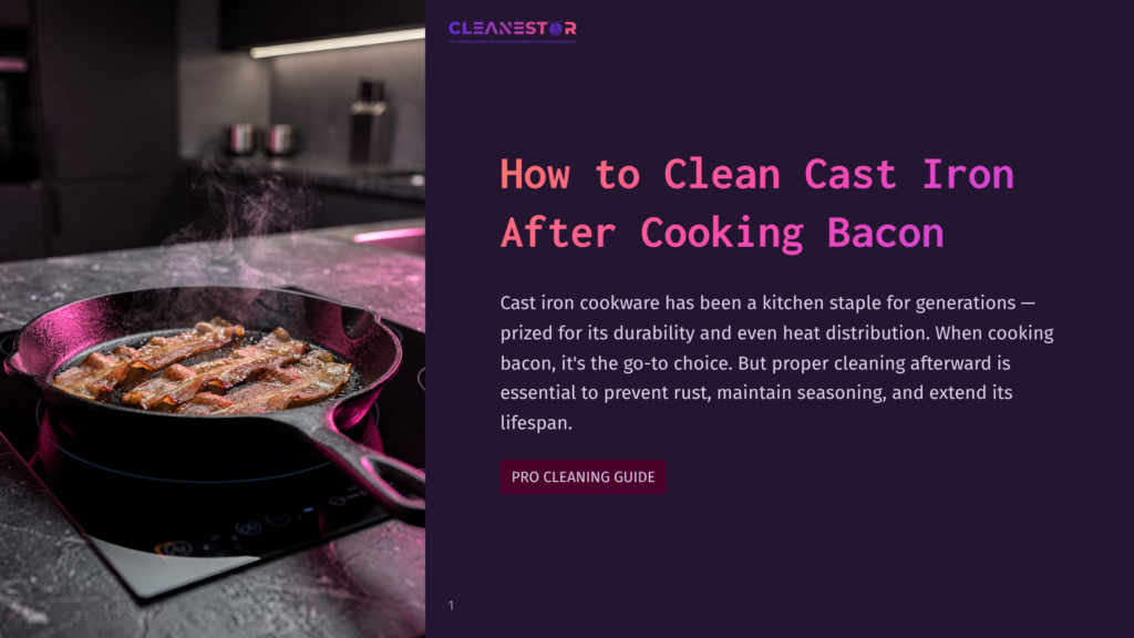 A Cast Iron Skillet Filled With Sizzling Bacon Sits On A Modern Induction Stovetop, With Steam Rising. The Text &Quot;Cleanestor&Quot; And &Quot;How To Clean Cast Iron After Cooking Bacon&Quot; Is Visible.