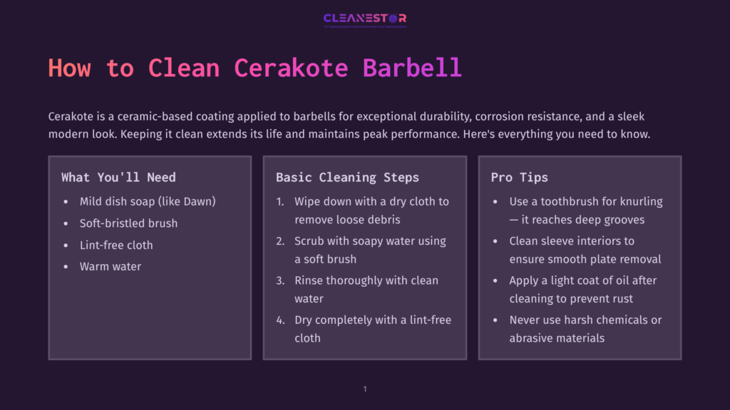 Infographic On How To Clean A Cerakote Barbell, Detailing Necessary Supplies, Cleaning Steps, And Pro Tips For Maintaining The Barbell'S Finish.