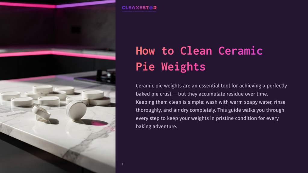 A Close-Up Shot Of Clean, White Ceramic Pie Weights Arranged On A Marble Countertop. The Text &Quot;How To Clean Ceramic Pie Weights&Quot; Is Visible On The Right Side Of The Image.