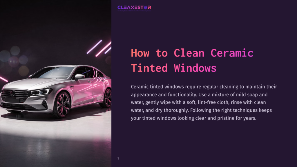 A Modern Silver Mercedes-Benz Car With Pink Accents Displayed In A Dark Room, With Neon Lights And Reflections. The Text Overlay Reads &Quot;How To Clean Ceramic Tinted Windows&Quot;.