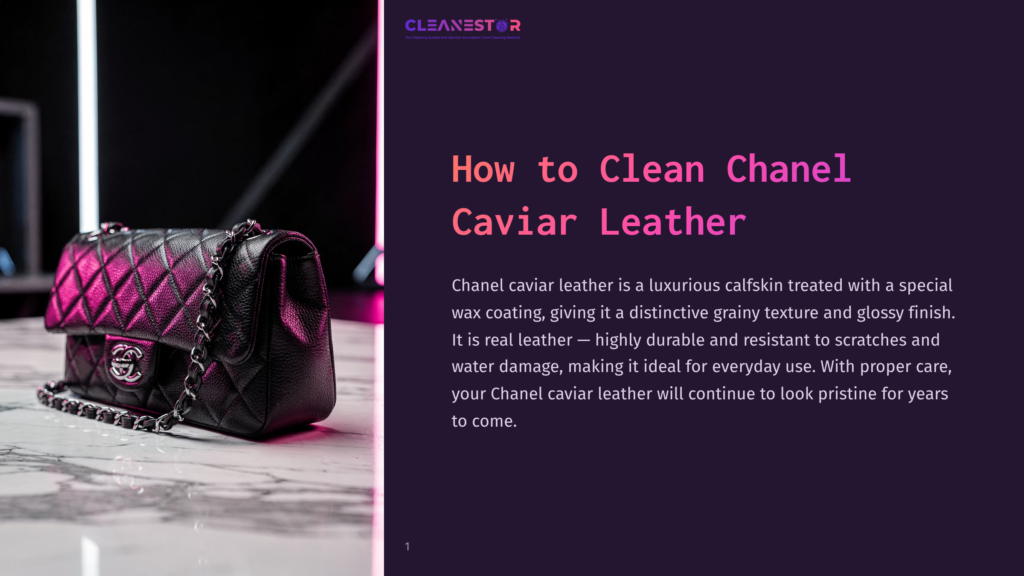 A Black Chanel Caviar Leather Handbag With A Diamond-Quilted Pattern And Silver Chain Strap Rests On A White Marble Surface, With The Cleanestor Logo And &Quot;How To Clean Chanel Caviar Leather&Quot; Text Visible On The Right.