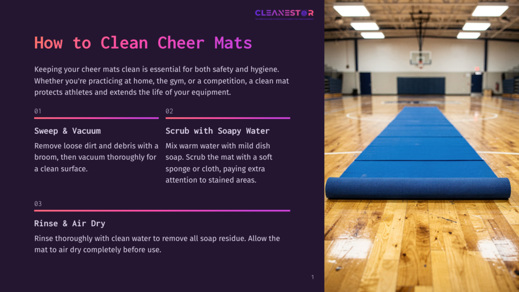 A Large, Blue Cheer Mat Is Unrolled On A Polished Wooden Gymnasium Floor. The Mat Extends From The Foreground Into The Distance, With A Basketball Hoop Visible In The Background. Text Overlays On The Left Side Of The Image Provide Instructions On &Quot;How To Clean Cheer Mats.