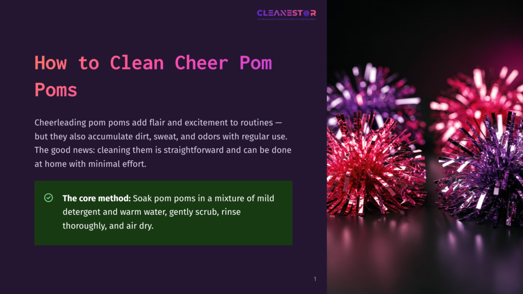 A Close-Up Of Red And Purple Cheerleading Pom Poms On A Dark Background With The Text &Quot;How To Clean Cheer Pom Poms&Quot; In The Upper Left Corner.