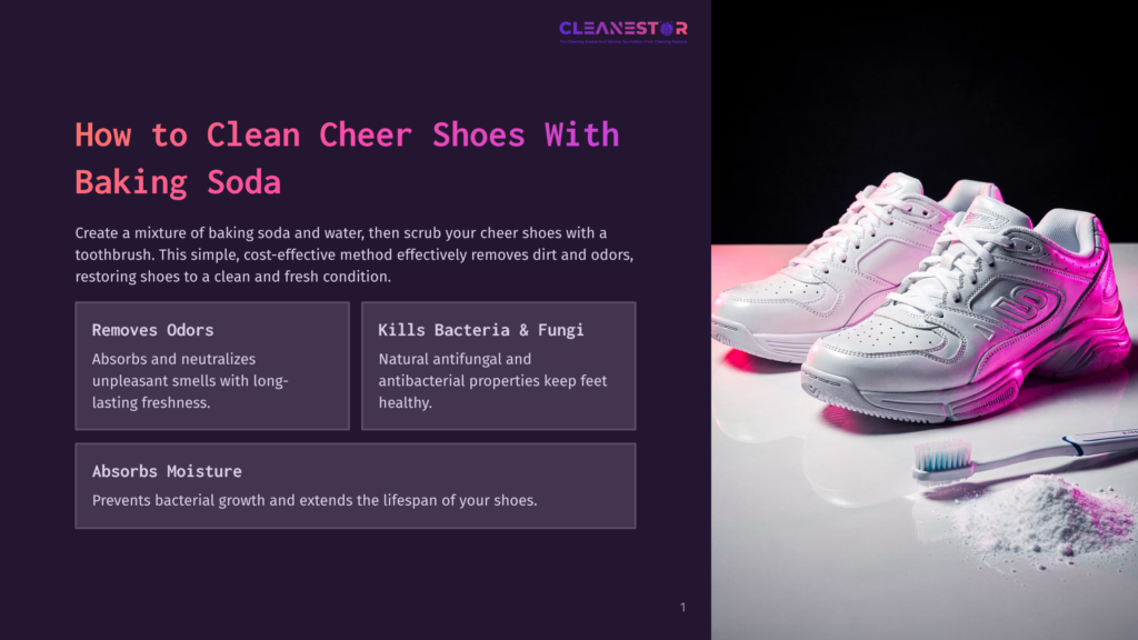 White Cheer Shoes With A Toothbrush And Baking Soda, Illustrating How To Clean Cheer Shoes With Baking Soda.