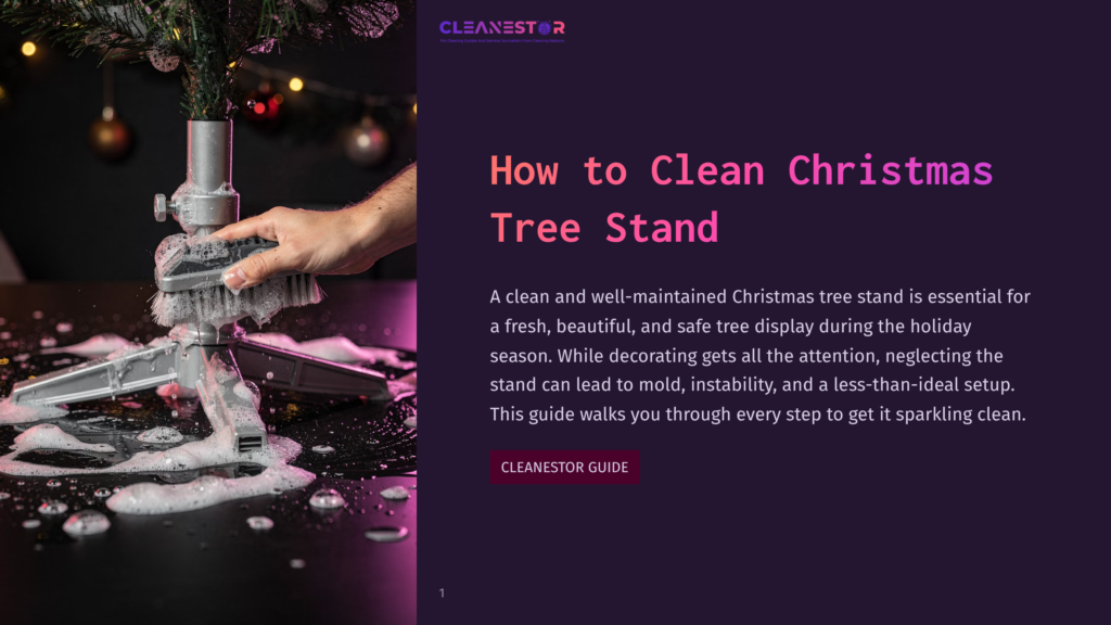 1 How To Clean Christmas Tree Stand A Hand Scrubs A Wet Christmas Tree Stand With A Brush, Creating Foam And Suds, With A Decorated Christmas Tree In The Background.