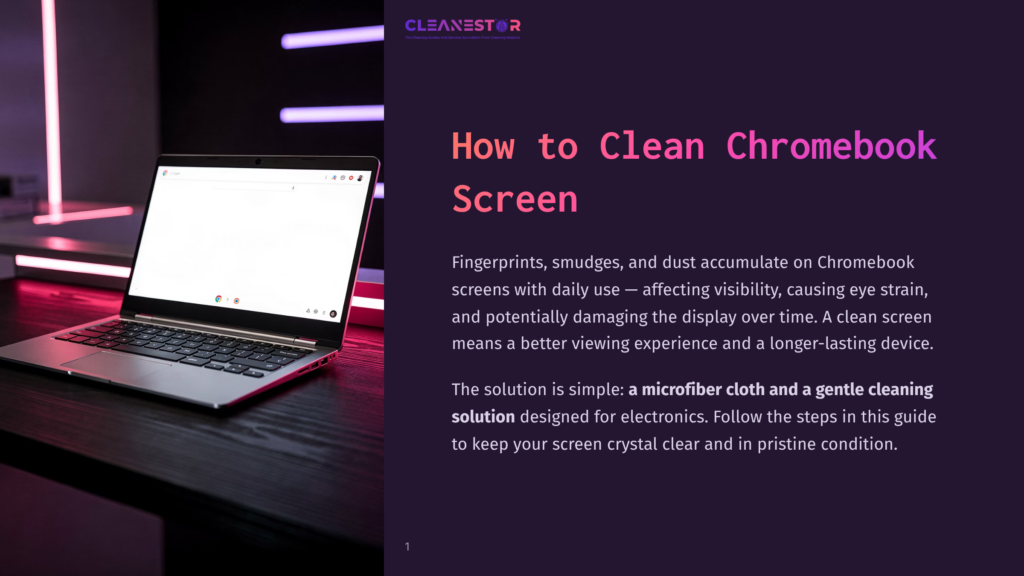 A Modern Silver Chromebook Laptop Is Open On A Dark Wooden Desk, Displaying A White Screen With A Google Chrome Browser. The Background Features A Dark, Moody Setting With Vibrant Purple Neon Lights.