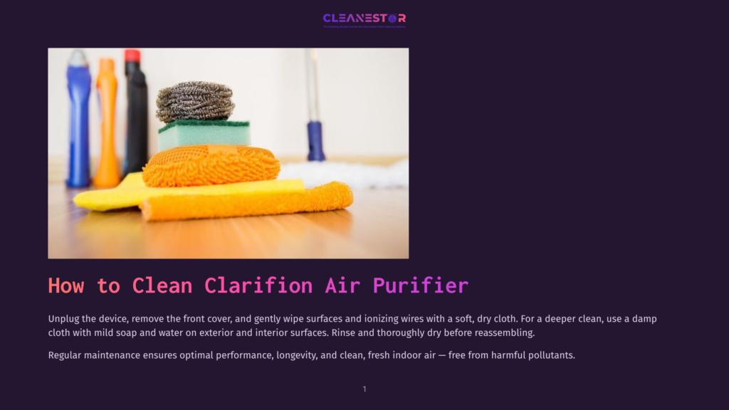 1 How To Clean Clarifion Air Purifier Cleaning Supplies Including Brushes, Sponges, And Cloths Arranged On A Wooden Surface, With A Mop In The Background. The Text &Quot;How To Clean Air Purifier&Quot; Is Overlaid.