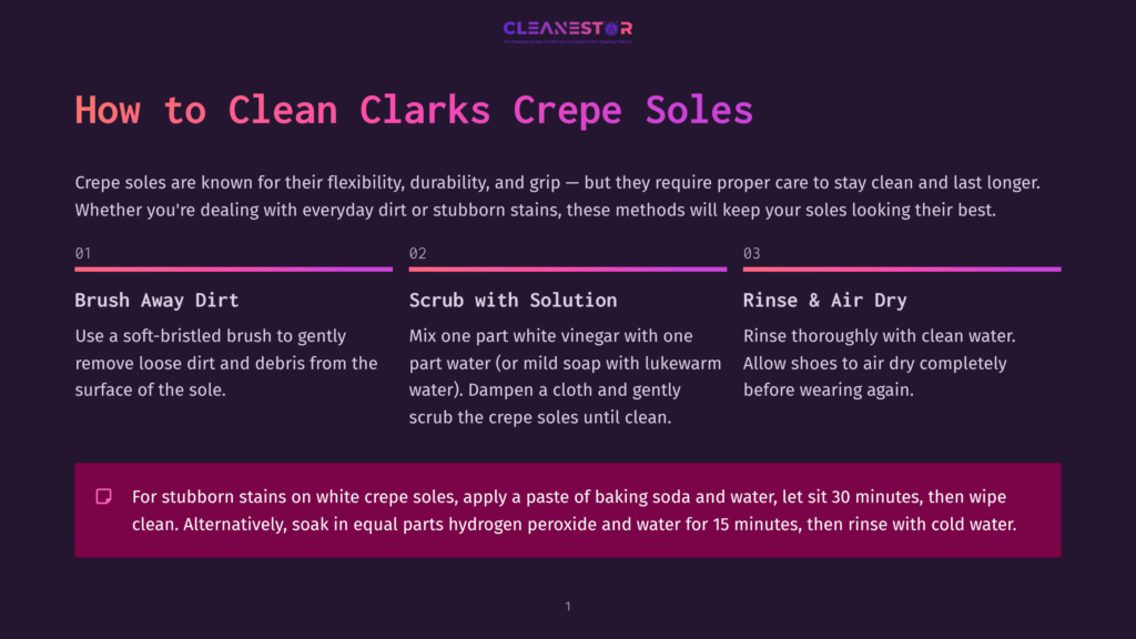 Infographic With Three Steps: &Quot;Brush Away Dirt,&Quot; &Quot;Scrub With Solution,&Quot; And &Quot;Rinse &Amp; Air Dry&Quot; To Clean Clarks Crepe Soles. Includes Text For Stubborn Stain Removal.