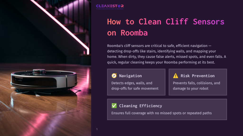 A Black Roomba Robot Vacuum Cleaner Is Positioned On A Polished Wooden Floor Near The Bottom Of A Staircase With Illuminated Pink Railings. The Text &Quot;Cleanestor&Quot; And &Quot;How To Clean Cliff Sensors On Roomba&Quot; Is Visible.
